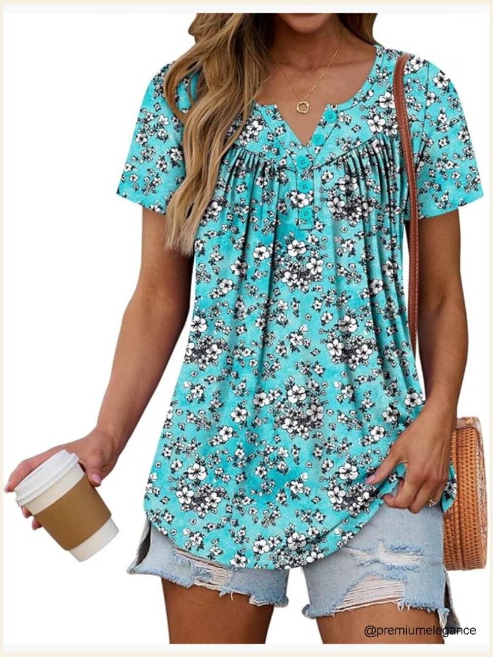 Women's Short Sleeve Henley Blouse Tunic Top Loose Fit Flowy Shirt